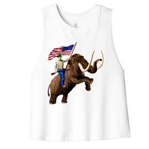 Trump Riding Mammoth Holding A Gun With Usa Flag Funny Gift Women's Racerback Cropped Tank