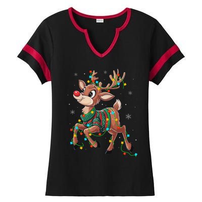 The Red Nose Reindeer For And Christmas Fan Ladies Halftime Notch Neck Tee