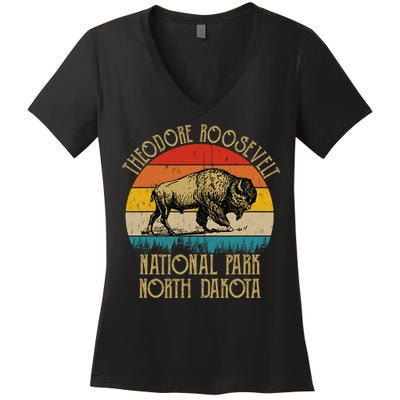 Theodore Roosevelt National Park North Dakota Buffalo Retro Women's V-Neck T-Shirt