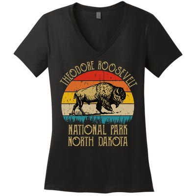 Theodore Roosevelt National Park North Dakota Buffalo Retro Women's V-Neck T-Shirt