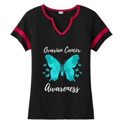 Teal Ribbon Ovarian Cancer Awareness Ladies Halftime Notch Neck Tee