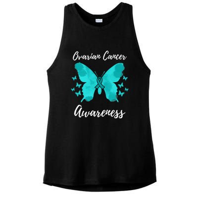 Teal Ribbon Ovarian Cancer Awareness Ladies PosiCharge Tri-Blend Wicking Tank