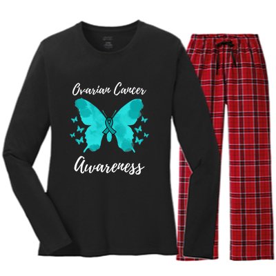 Teal Ribbon Ovarian Cancer Awareness Women's Long Sleeve Flannel Pajama Set 