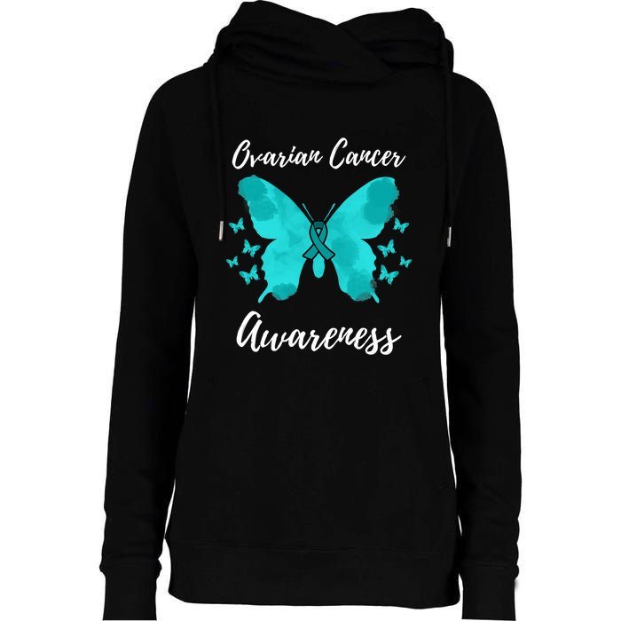 Teal Ribbon Ovarian Cancer Awareness Womens Funnel Neck Pullover Hood