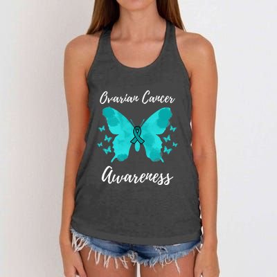 Teal Ribbon Ovarian Cancer Awareness Women's Knotted Racerback Tank