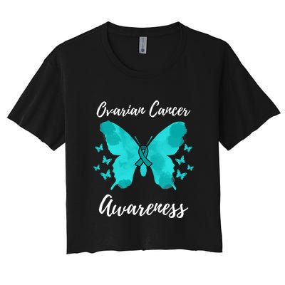 Teal Ribbon Ovarian Cancer Awareness Women's Crop Top Tee