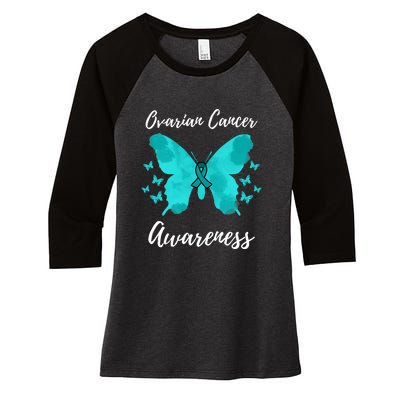 Teal Ribbon Ovarian Cancer Awareness Women's Tri-Blend 3/4-Sleeve Raglan Shirt