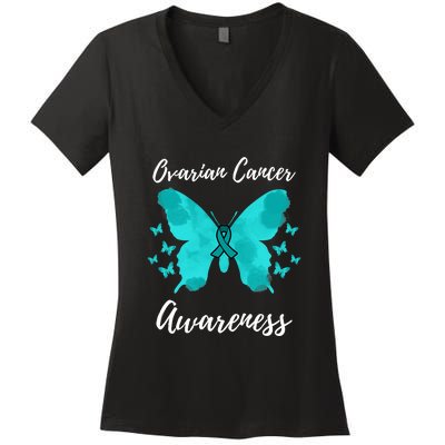 Teal Ribbon Ovarian Cancer Awareness Women's V-Neck T-Shirt