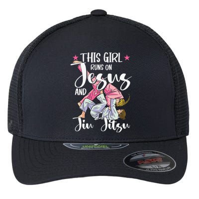 This  Runs On Jesus And Jiu Jitsu Gift Flexfit Unipanel Trucker Cap