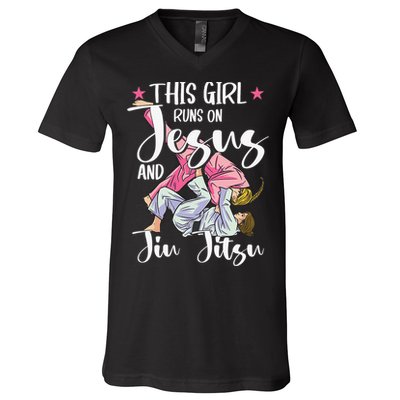 This  Runs On Jesus And Jiu Jitsu Gift V-Neck T-Shirt