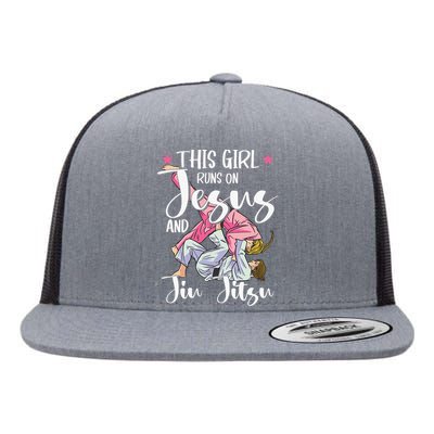 This  Runs On Jesus And Jiu Jitsu Gift Flat Bill Trucker Hat