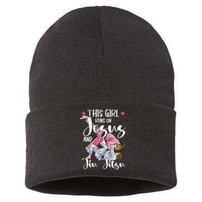 This  Runs On Jesus And Jiu Jitsu Gift Sustainable Knit Beanie