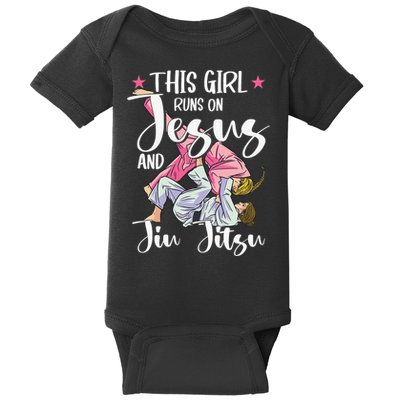 This  Runs On Jesus And Jiu Jitsu Gift Baby Bodysuit