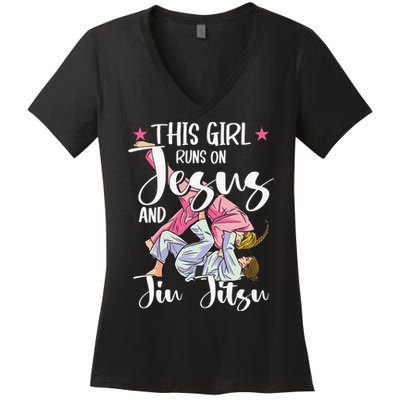 This  Runs On Jesus And Jiu Jitsu Gift Women's V-Neck T-Shirt