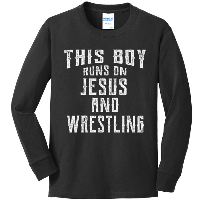 This Runs On Jesus And Wrestling Christian Gift Kids Long Sleeve Shirt