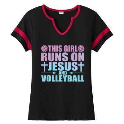 This Runs On Jesus And Volleyball Novelty Ladies Halftime Notch Neck Tee