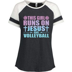 This Runs On Jesus And Volleyball Novelty Enza Ladies Jersey Colorblock Tee