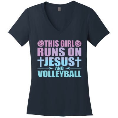 This Runs On Jesus And Volleyball Novelty Women's V-Neck T-Shirt