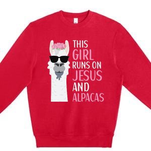 This Runs On Jesus And Alpacas LLama Apparel Premium Crewneck Sweatshirt