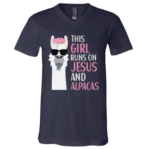 This Runs On Jesus And Alpacas LLama Apparel V-Neck T-Shirt