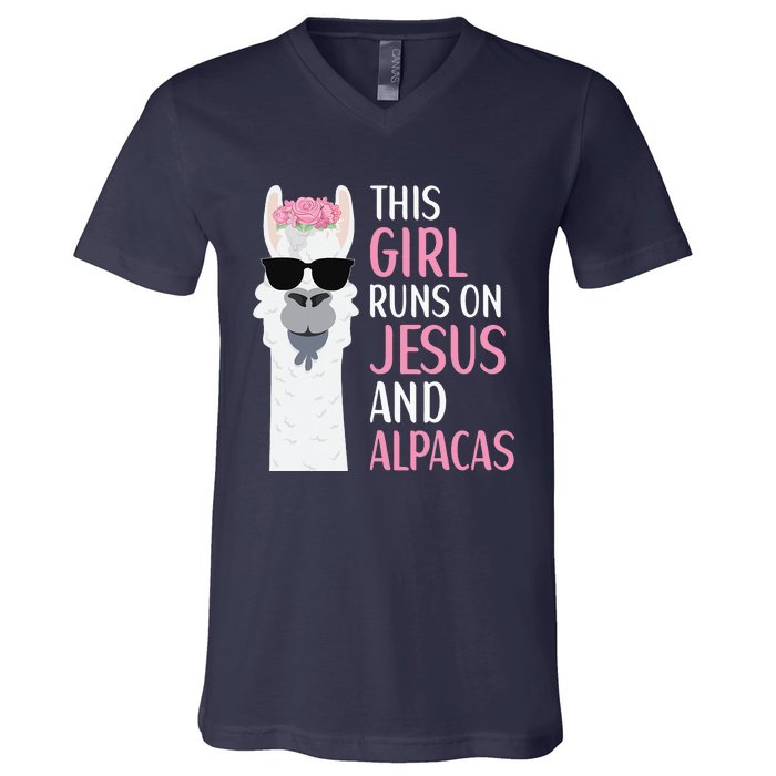 This Runs On Jesus And Alpacas LLama Apparel V-Neck T-Shirt