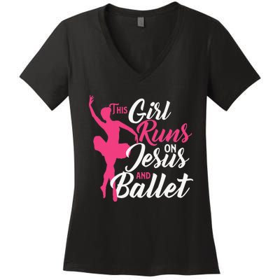 This Runs On Jesus And Ballet Barre Ballerina Chassé Women's V-Neck T-Shirt