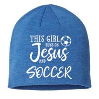 This Runs On Jesus And Soccer Gift Christian Gift Sustainable Beanie