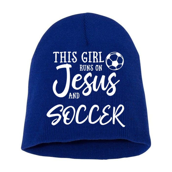 This Runs On Jesus And Soccer Gift Christian Gift Short Acrylic Beanie