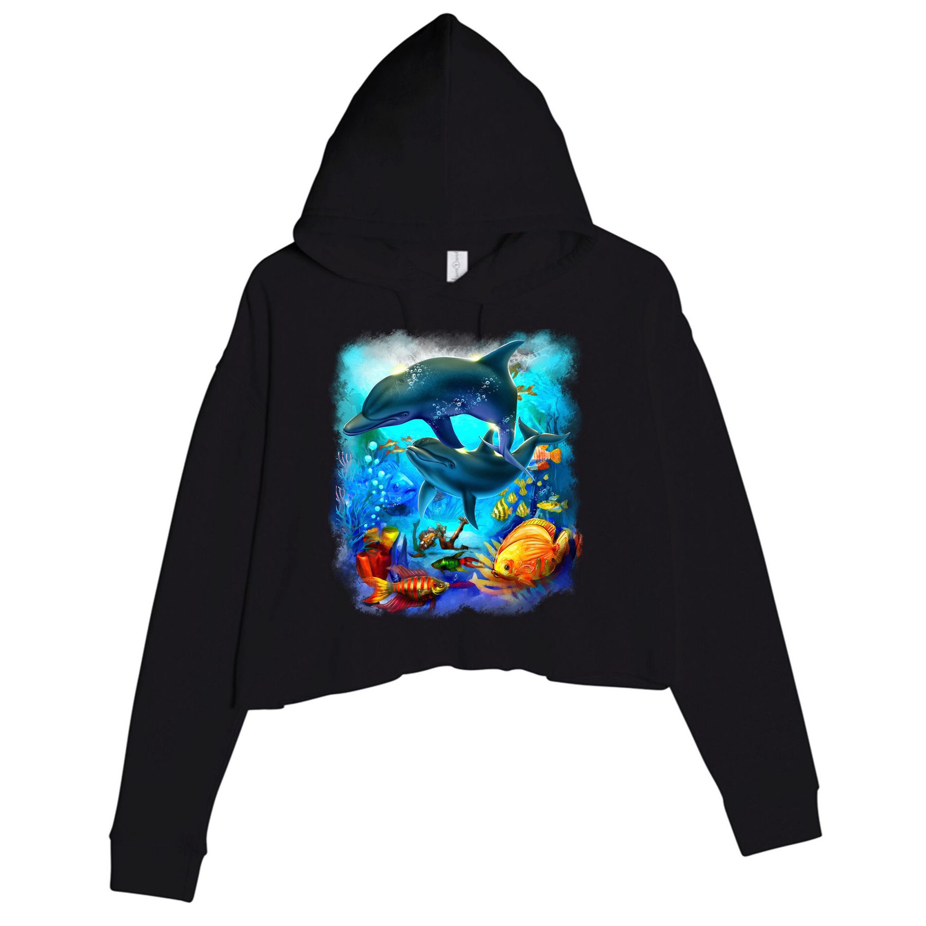 Tropical Fish Dolphins Portrait Crop Fleece Hoodie