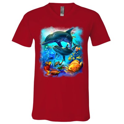 Tropical Fish Dolphins Portrait V-Neck T-Shirt