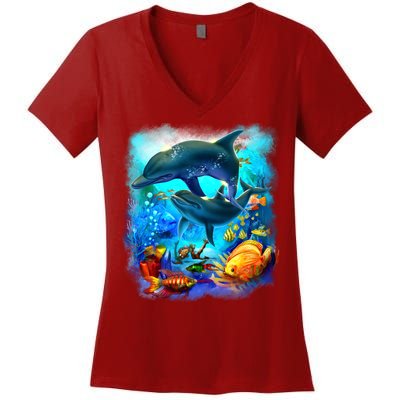 Tropical Fish Dolphins Portrait Women's V-Neck T-Shirt