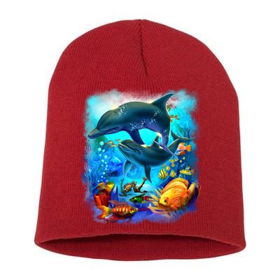 Tropical Fish Dolphins Portrait Short Acrylic Beanie