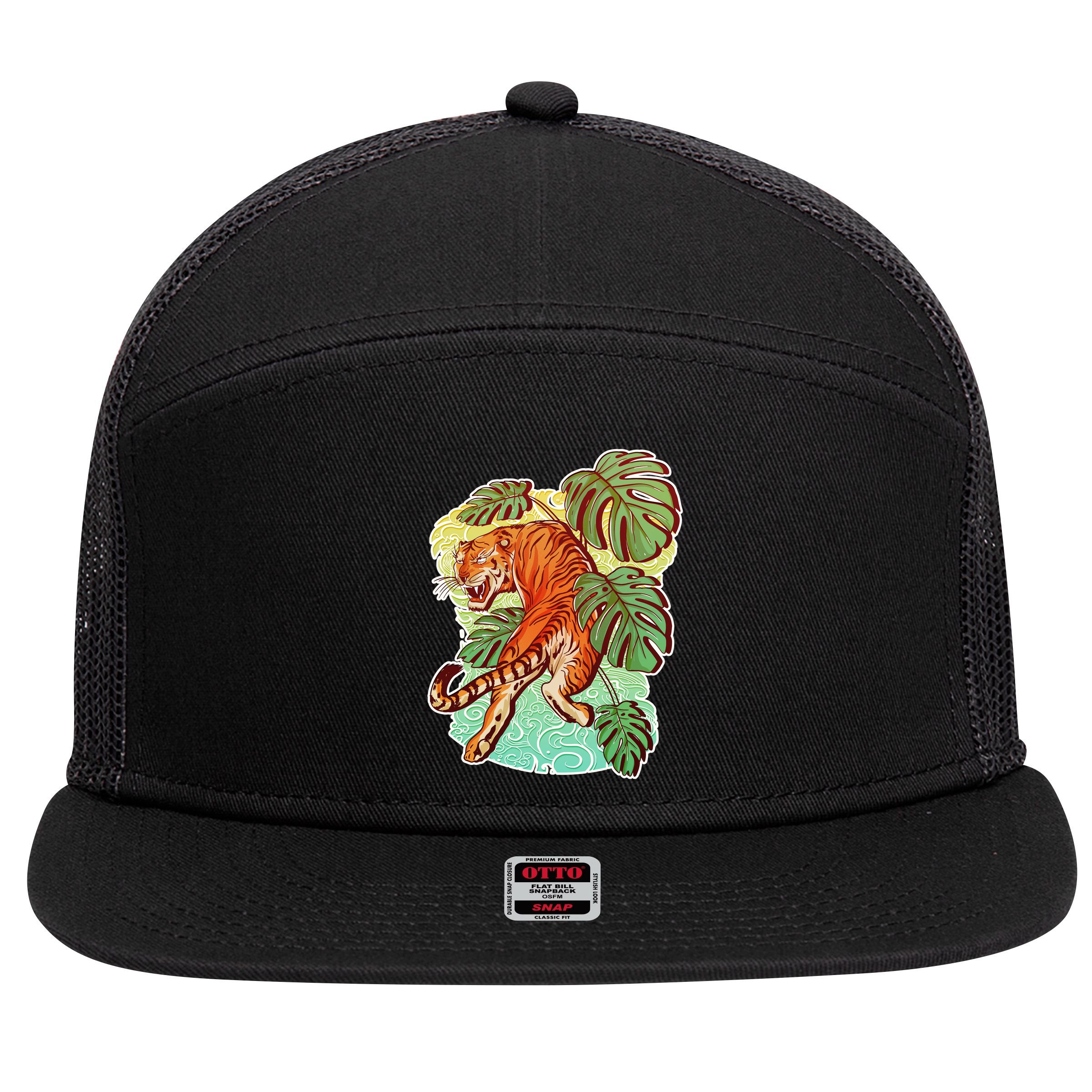 Tropical Tiger Tattoo Design 7 Panel Mesh Trucker Snapback Hat