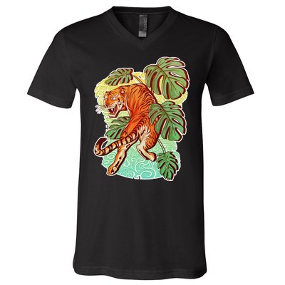 Tropical Tiger Tattoo Design V-Neck T-Shirt