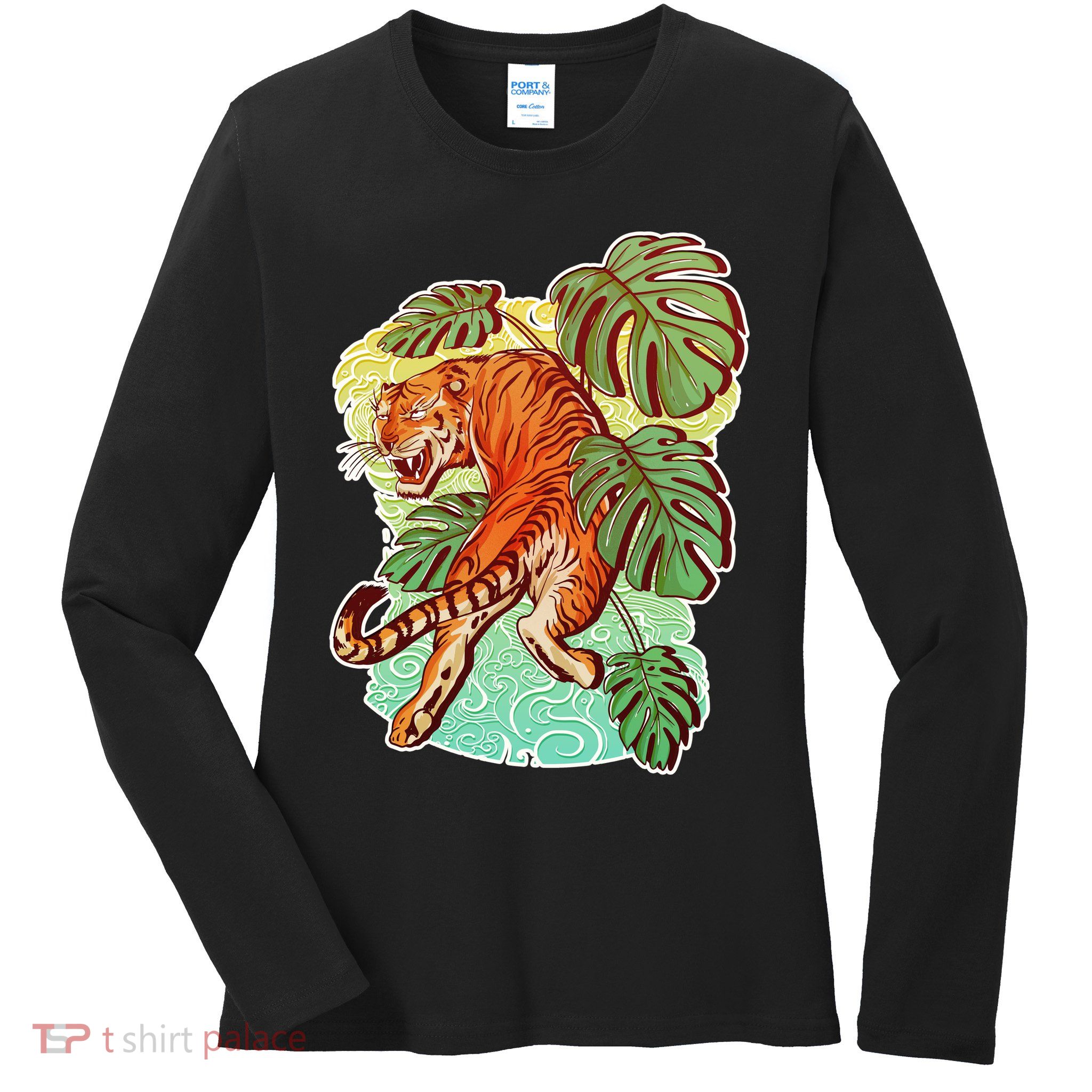 Tropical Tiger Tattoo Design Ladies Long Sleeve Shirt