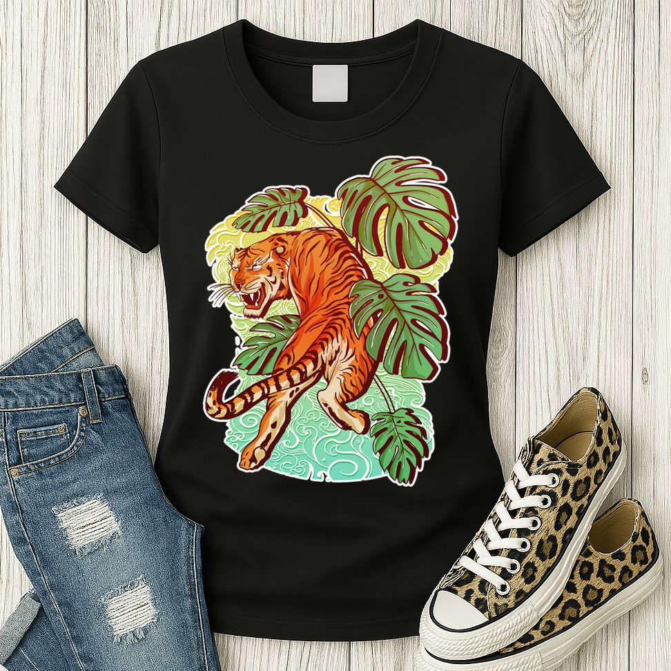 Tropical Tiger Tattoo Design Womens T-Shirt