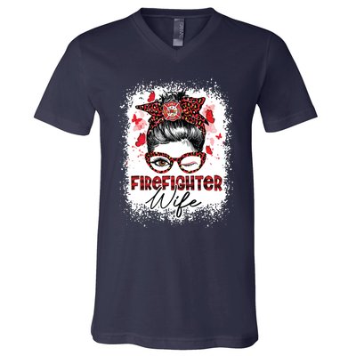 The Red Proud Firefighter Fireman Wife Messy Bun Hair V-Neck T-Shirt