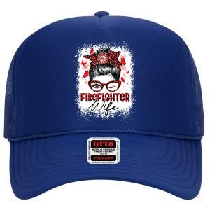 The Red Proud Firefighter Fireman Wife Messy Bun Hair High Crown Mesh Back Trucker Hat