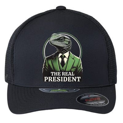 The Real President Political Humor Lizard People Flexfit Unipanel Trucker Cap