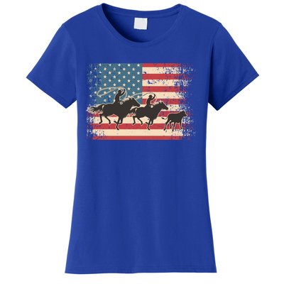 Team Roping Rodeo Horse American Usa Flag Rodeo Cowboy Women's T-Shirt