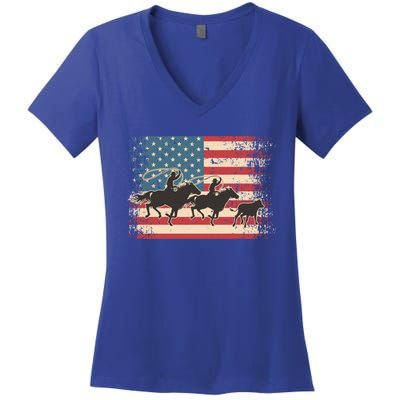 Team Roping Rodeo Horse American Usa Flag Rodeo Cowboy Women's V-Neck T-Shirt