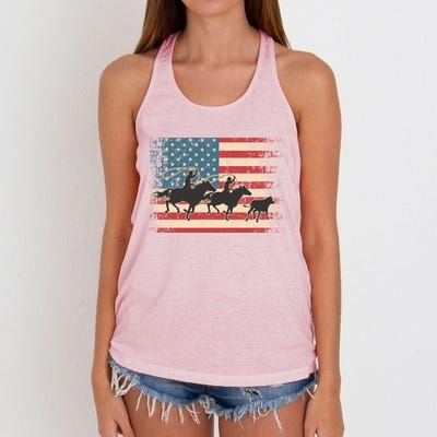 Team Roping Rodeo Horse American Usa Flag Rodeo Cowboy Women's Knotted Racerback Tank