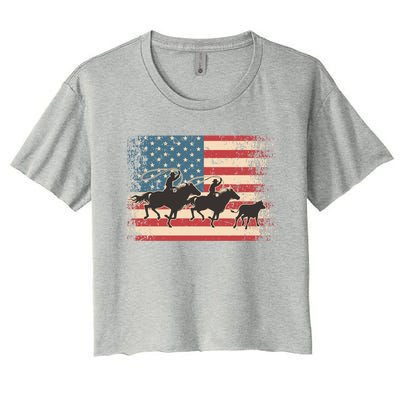 Team Roping Rodeo Horse American Usa Flag Rodeo Cowboy Women's Crop Top Tee