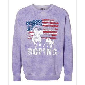 Team Roping Roper Usa American Flag Header Heeler Horse Colorblast Crewneck Sweatshirt