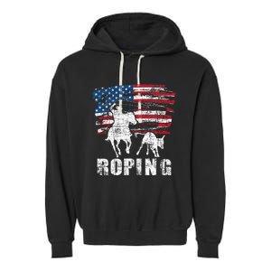 Team Roping Roper Usa American Flag Header Heeler Horse Garment-Dyed Fleece Hoodie