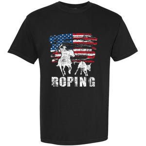 Team Roping Roper Usa American Flag Header Heeler Horse Garment-Dyed Heavyweight T-Shirt