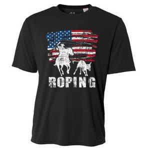 Team Roping Roper Usa American Flag Header Heeler Horse Cooling Performance Crew T-Shirt