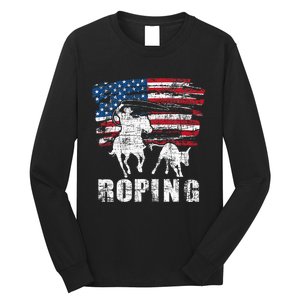 Team Roping Roper Usa American Flag Header Heeler Horse Long Sleeve Shirt