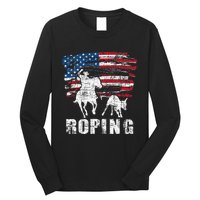 Team Roping Roper Usa American Flag Header Heeler Horse Long Sleeve Shirt