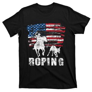 Team Roping Roper Usa American Flag Header Heeler Horse T-Shirt